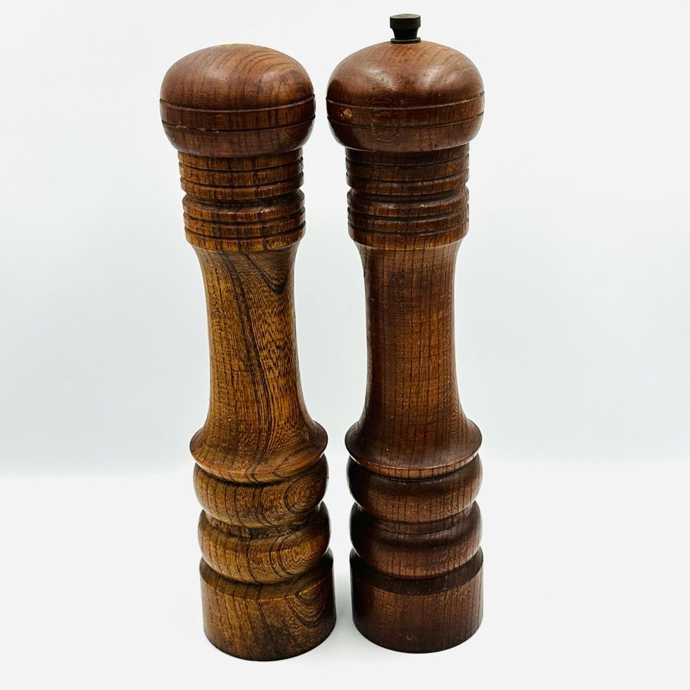 Vintage 1980s Wooden Salt Pepper Grinder Mill Set Large Turned Wood Kitchen Pair
